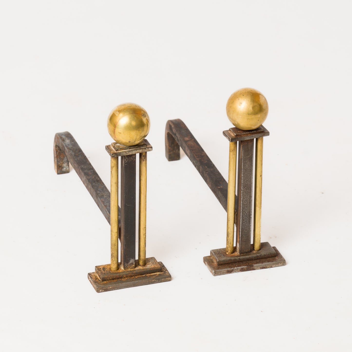 Steel & Bronze Modernist Andirons in the Style of Adnet - France 1940s