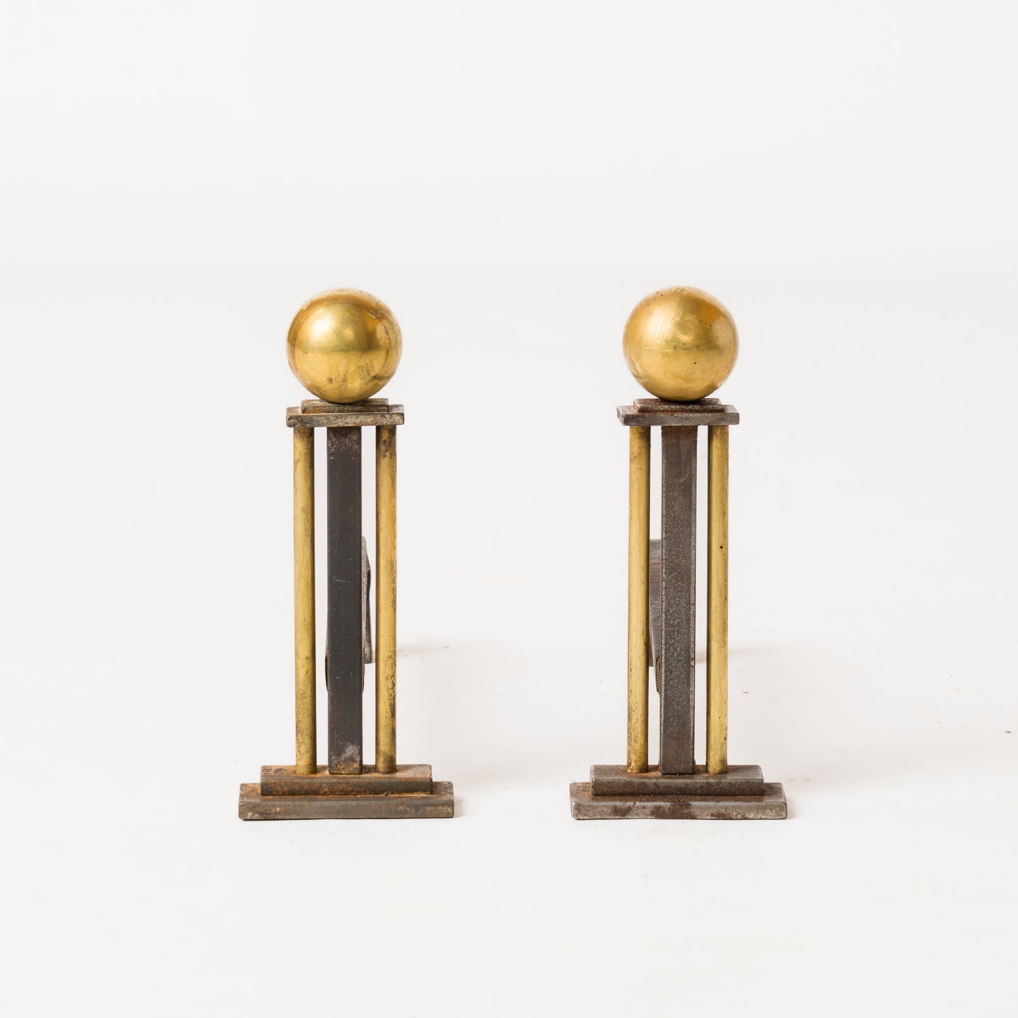 Steel & Bronze Modernist Andirons in the Style of Adnet - France 1940s