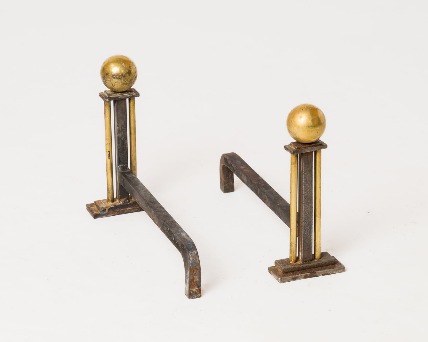 Steel & Bronze Modernist Andirons in the Style of Adnet - France 1940s