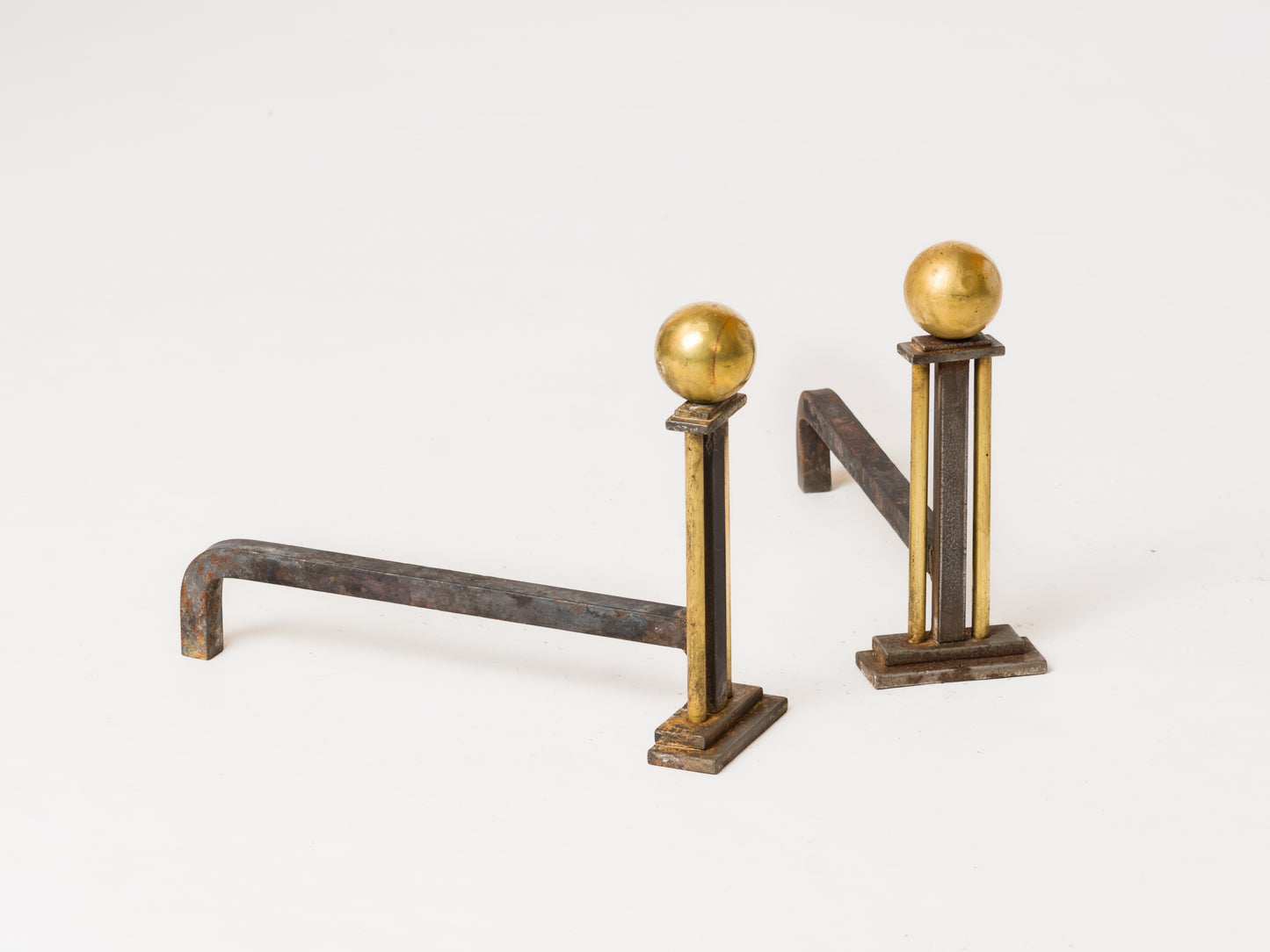 Steel & Bronze Modernist Andirons in the Style of Adnet - France 1940s