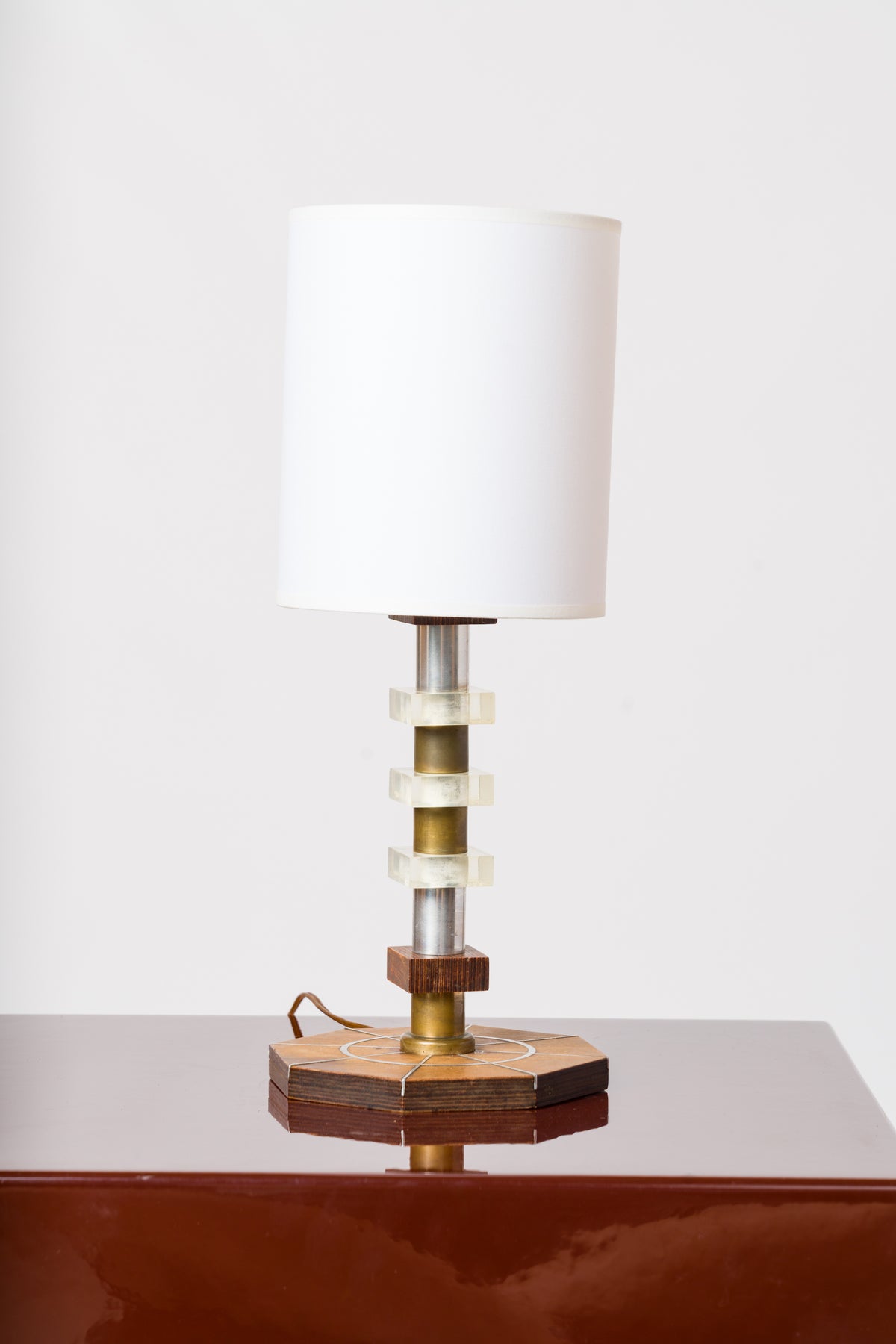 Art Deco Table Lamp in Stained Oak, Lucite with Nickel Plating and Brass Details