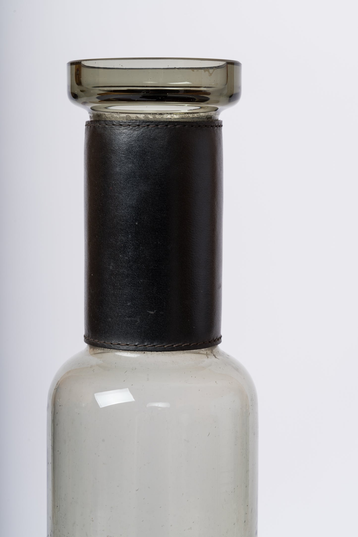 Smoked Black Glass & "Piqué Sellier" Stitched Leather Bottle - England 1960's
