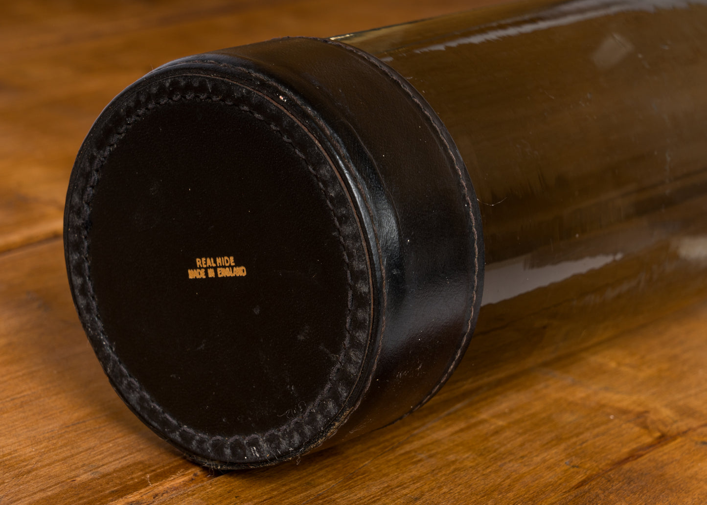 Smoked Black Glass & "Piqué Sellier" Stitched Leather Bottle - England 1960's