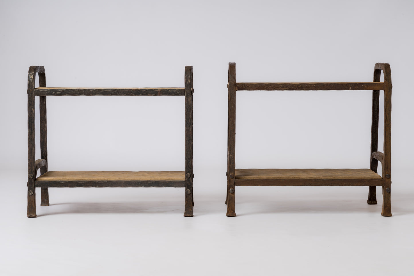 Marolles Inspired Brutalist "Gouge" Oak & Steel Side Tables - France 1970's