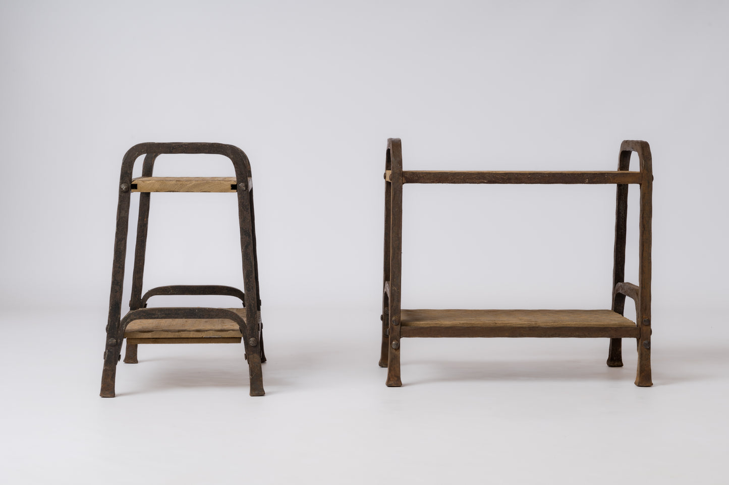 Marolles Inspired Brutalist "Gouge" Oak & Steel Side Tables - France 1970's