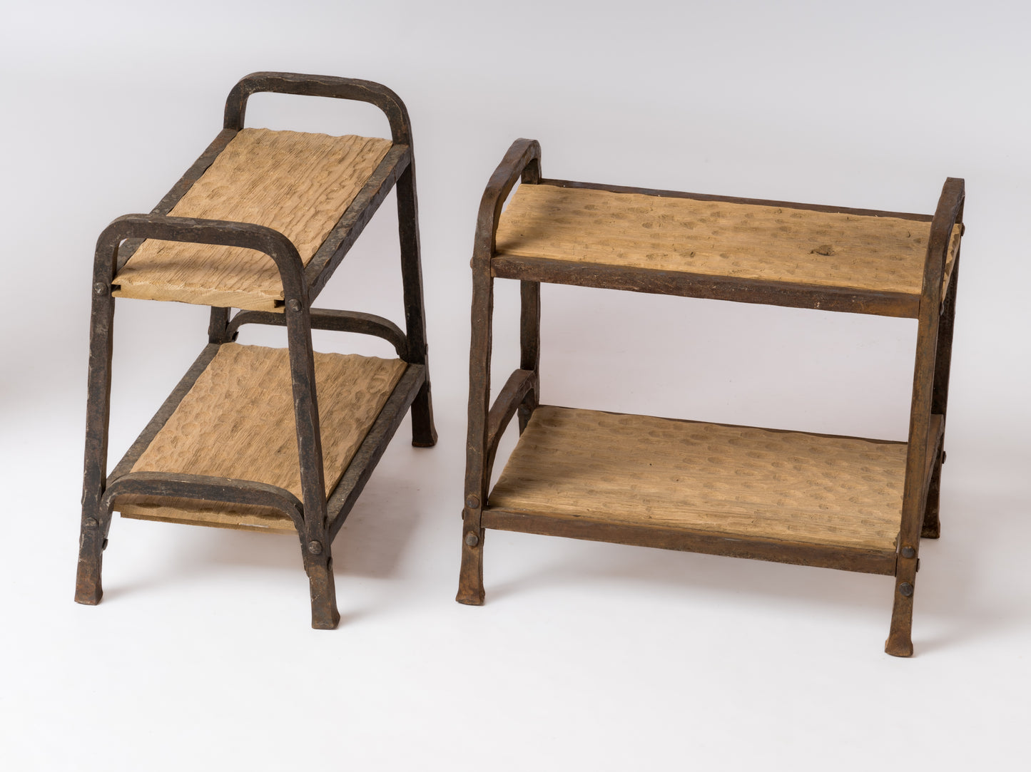 Marolles Inspired Brutalist "Gouge" Oak & Steel Side Tables - France 1970's