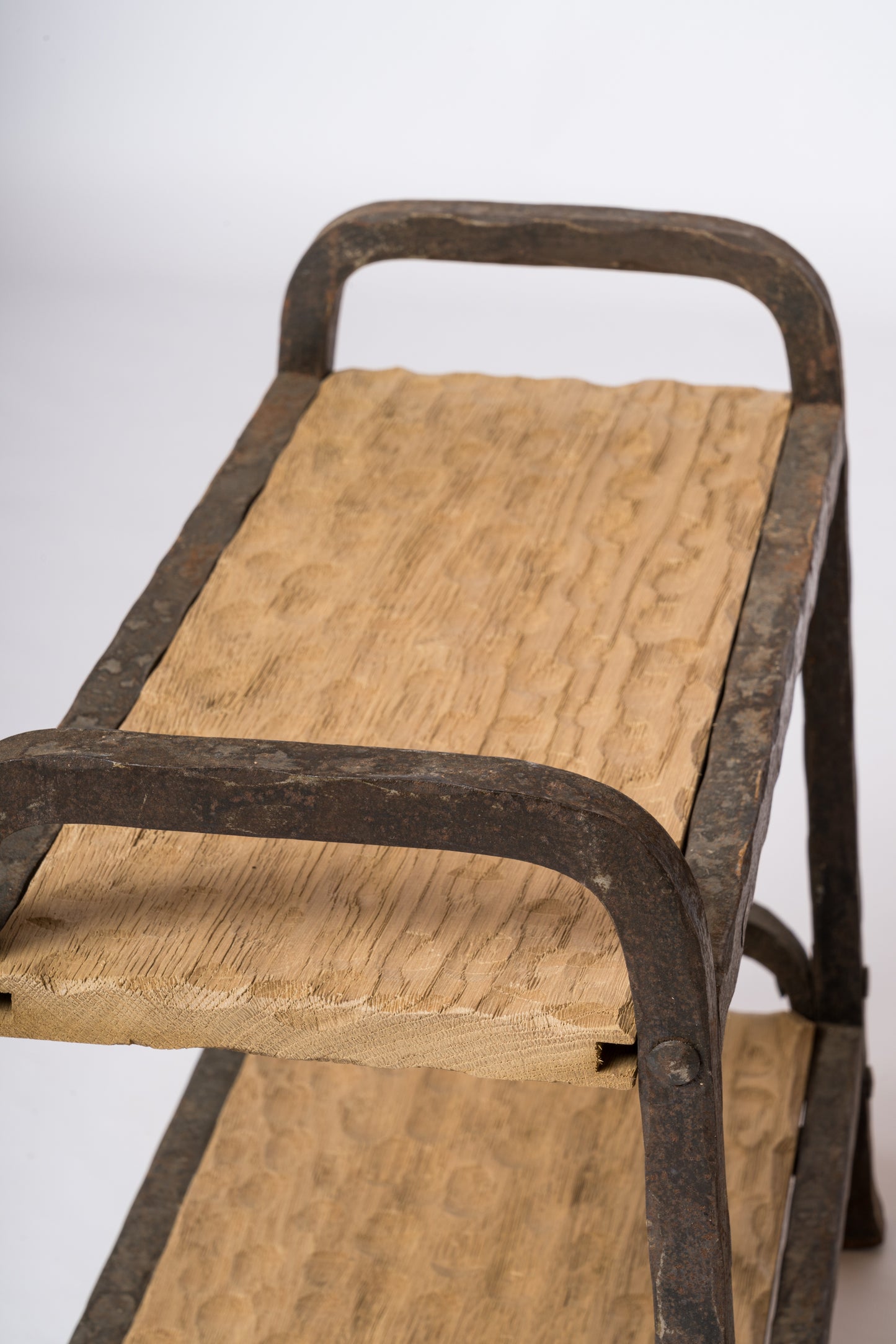 Marolles Inspired Brutalist "Gouge" Oak & Steel Side Tables - France 1970's