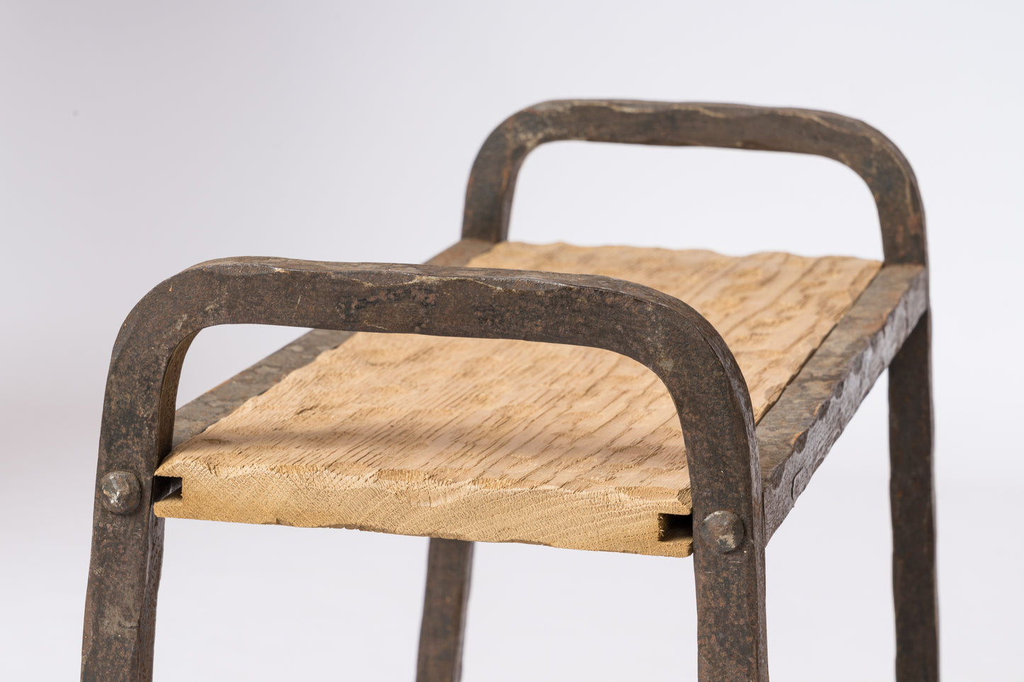 Marolles Inspired Brutalist "Gouge" Oak & Steel Side Tables - France 1970's
