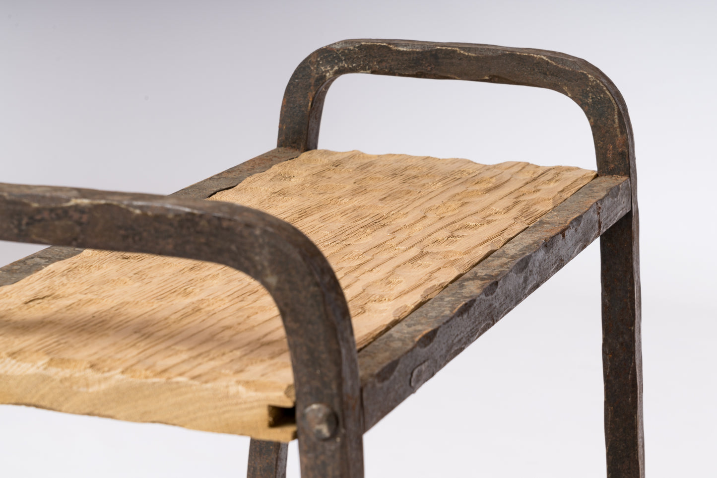Marolles Inspired Brutalist "Gouge" Oak & Steel Side Tables - France 1970's