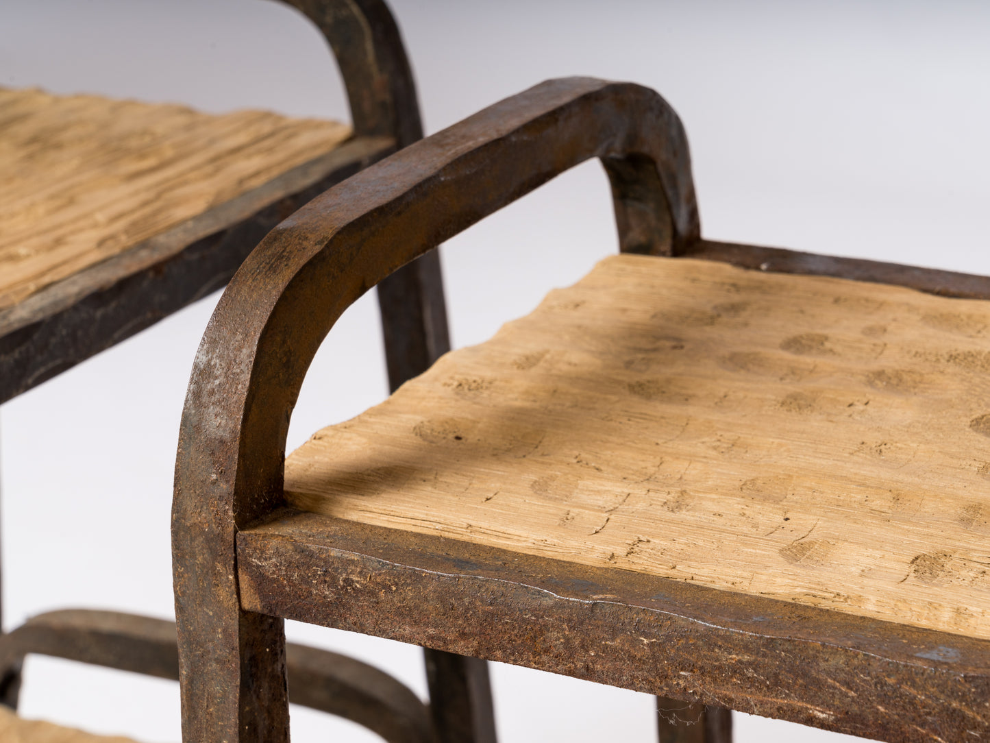 Marolles Inspired Brutalist "Gouge" Oak & Steel Side Tables - France 1970's