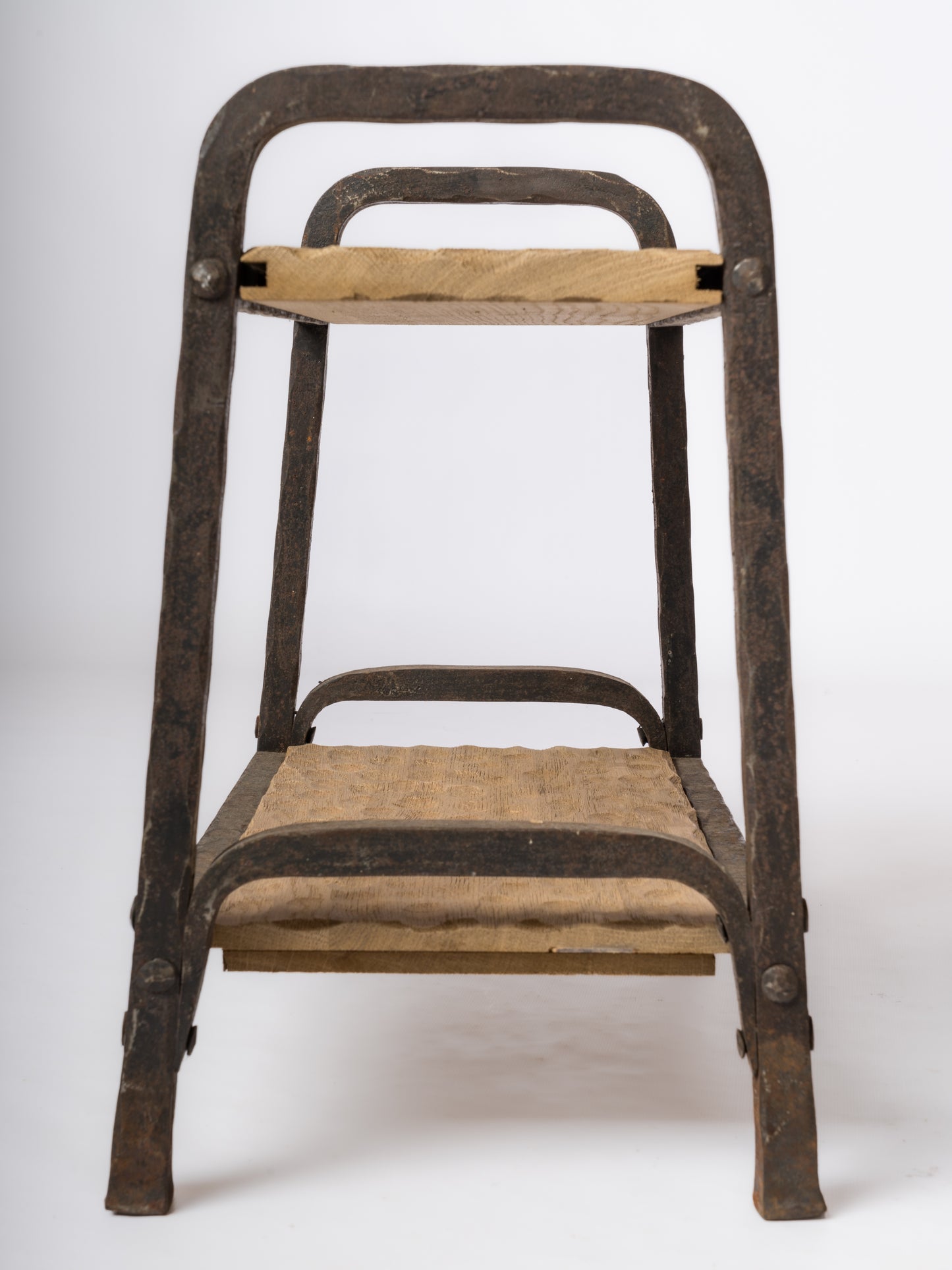Marolles Inspired Brutalist "Gouge" Oak & Steel Side Tables - France 1970's