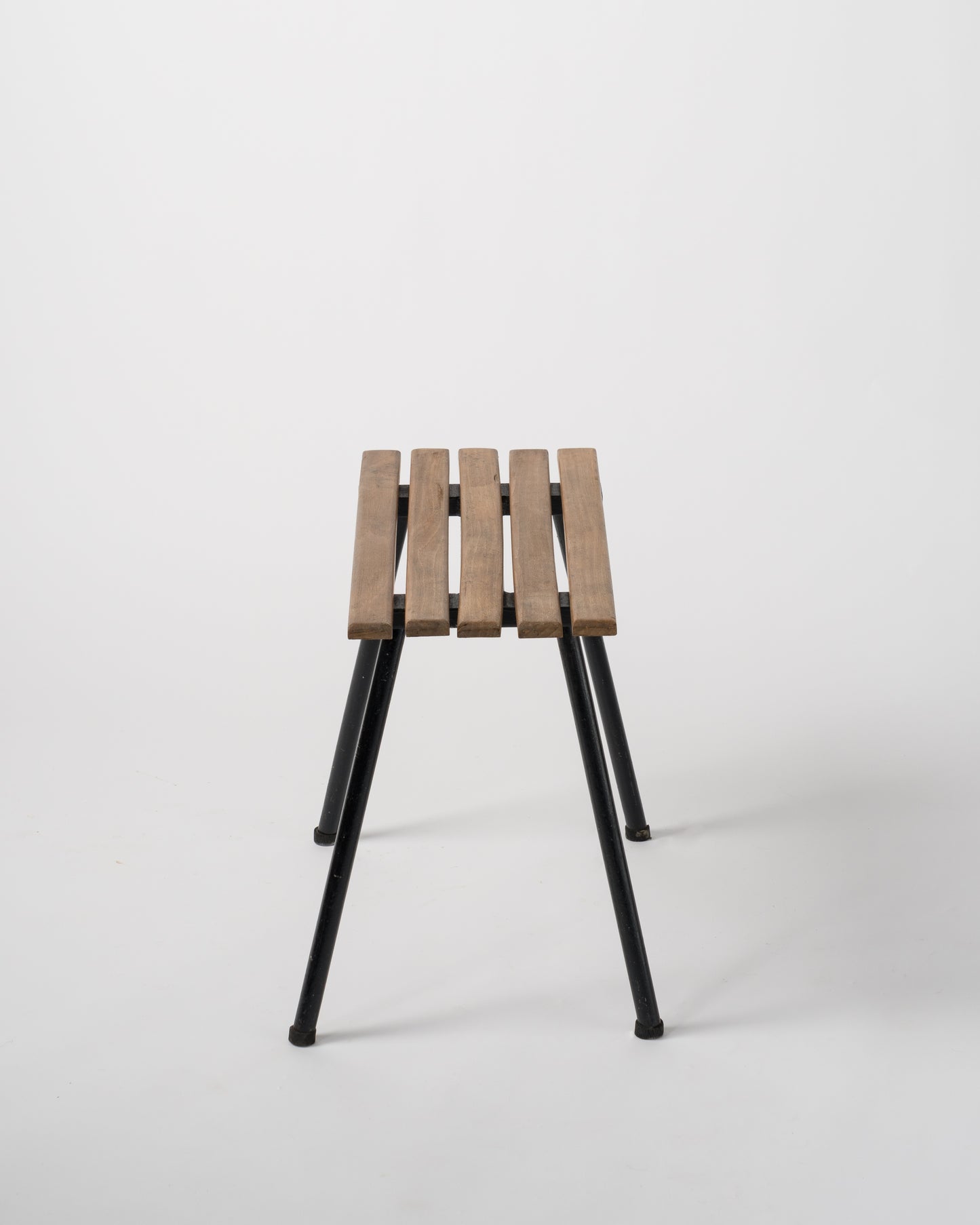 Brutalist Iron and Wood Slats Stools, France, 1970s