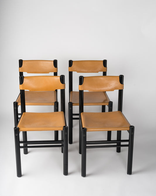 Early 1980s Thick Leather and Lacquered Wood Chairs by Ibisco Sedie