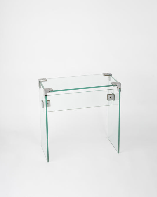 Modernist Glass Side Table w. Steel Links by Jacques Dumond, France, 1960's