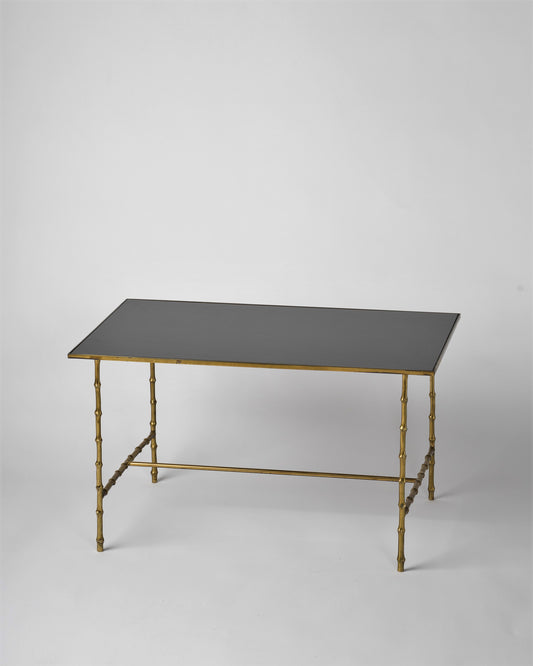 Maison Baguès Faux Bamboo Bronze Side Table w. Black Opaline Top, France 1960s