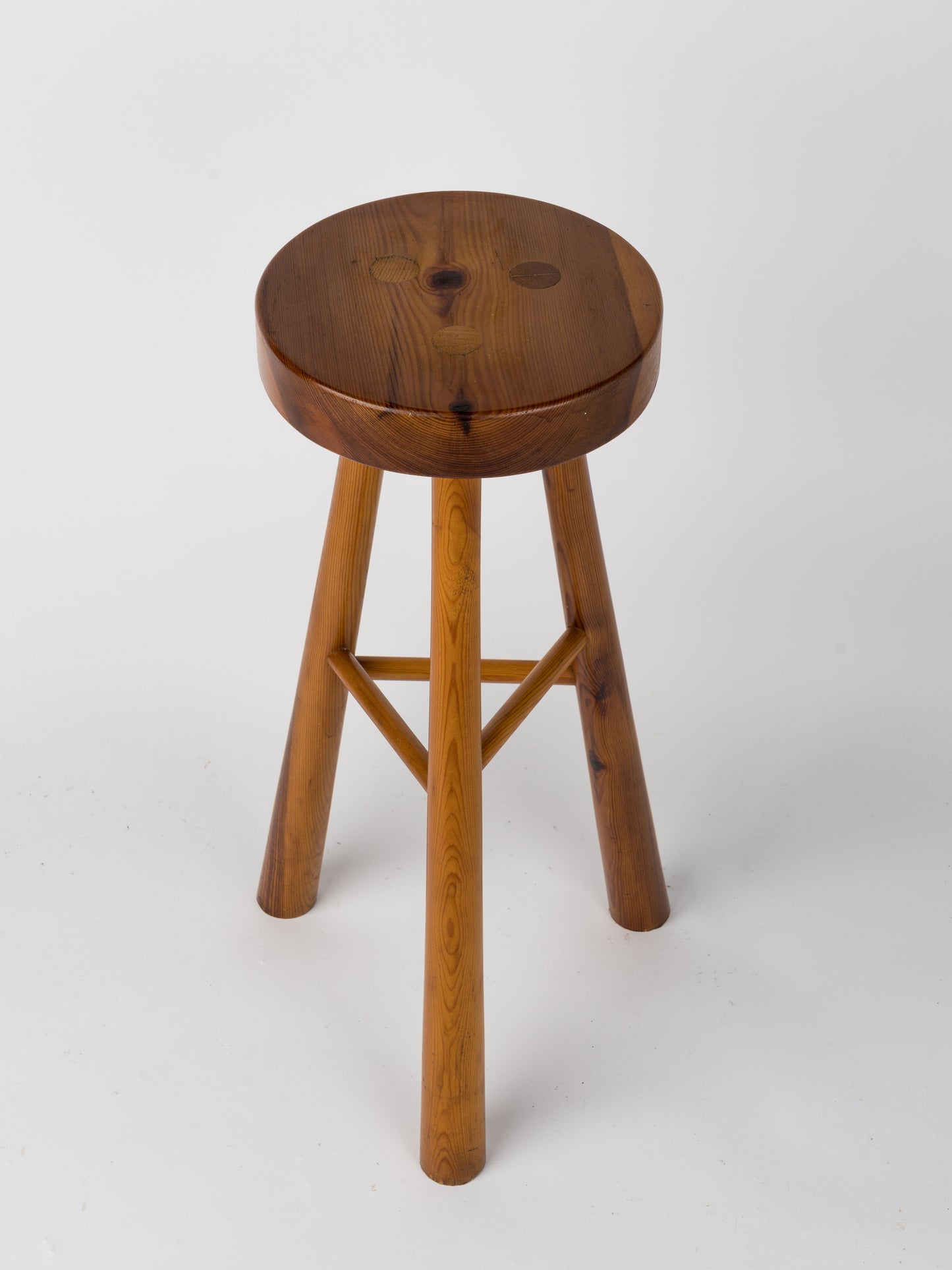 Graphic Pine Wood Bar Stool in the Style of Perriand, France, 1970's