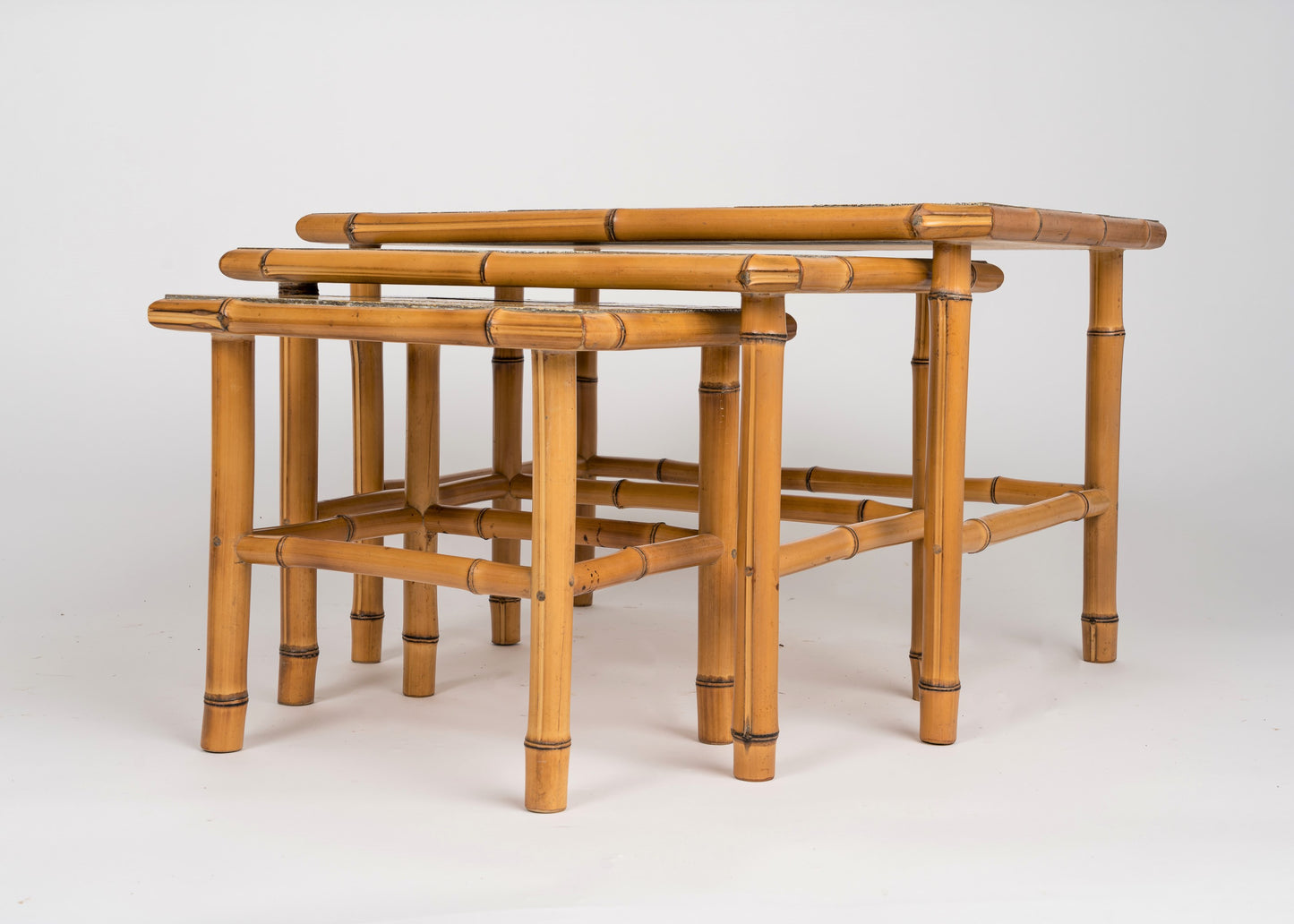 Signed Bamboo Stacking Tables with Ceramic Tiled Tops by Bergon, France, 1960's