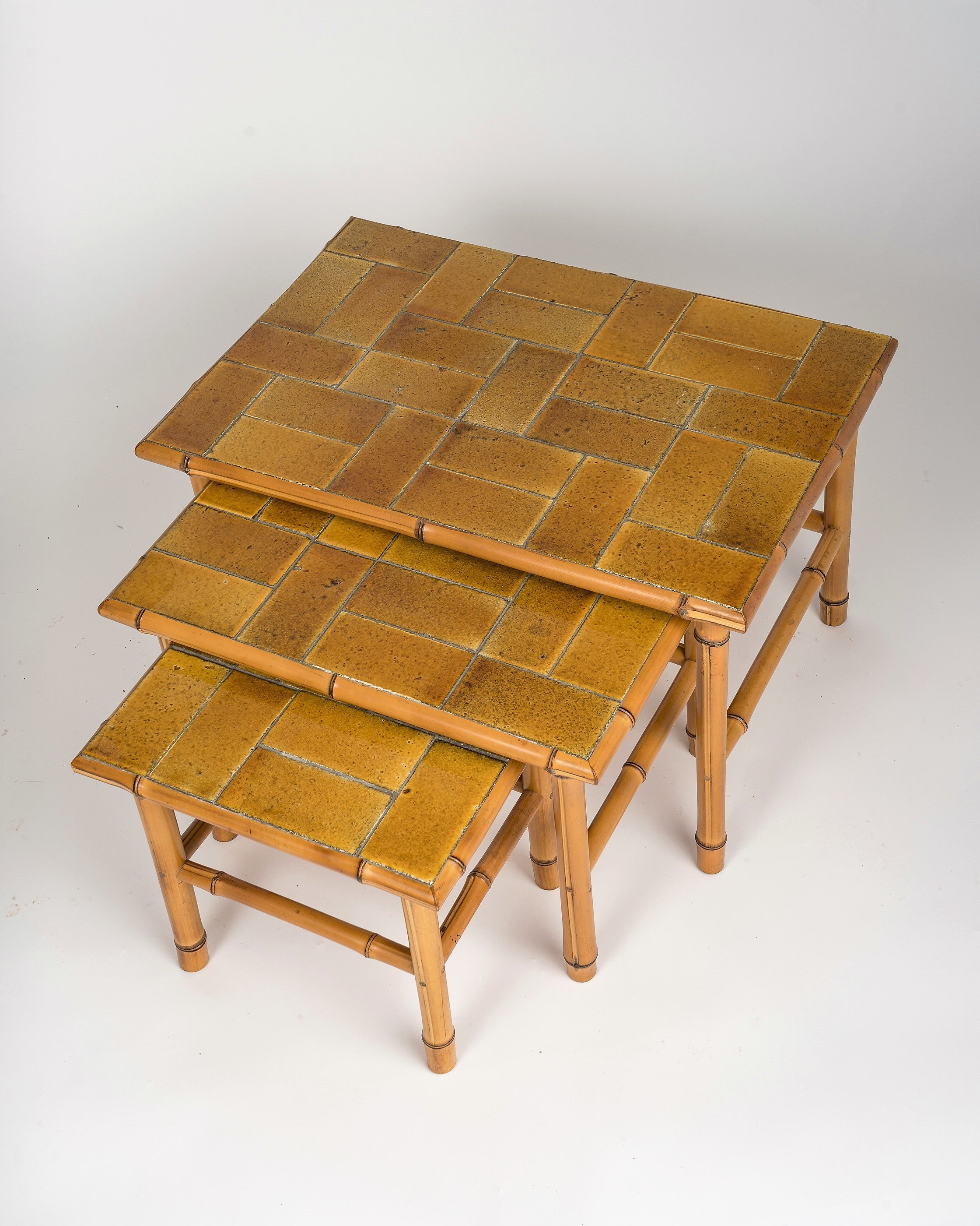 Signed Bamboo Stacking Tables with Ceramic Tiled Tops by Bergon, France, 1960's