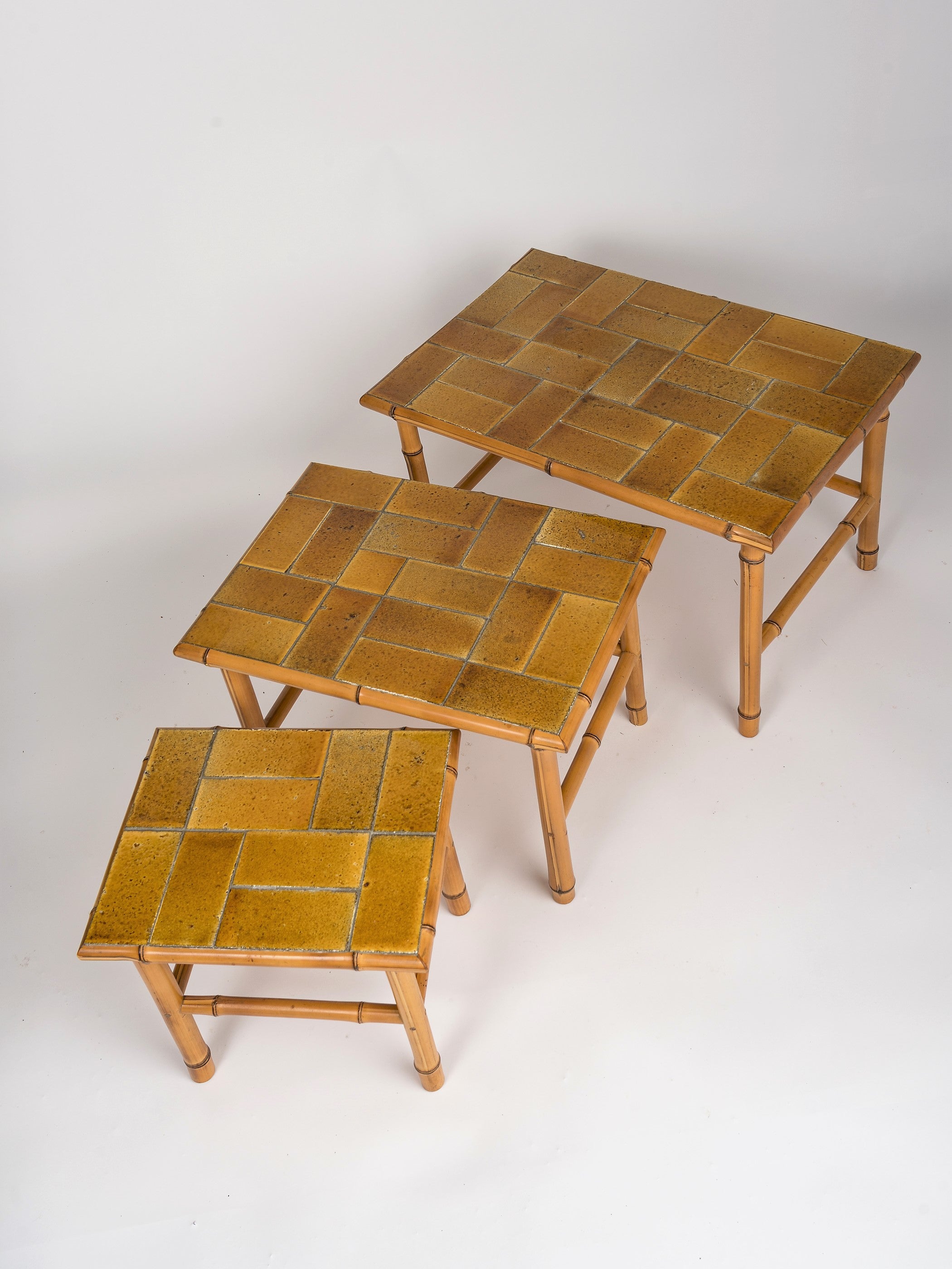 Signed Bamboo Stacking Tables with Ceramic Tiled Tops by Bergon, France, 1960's