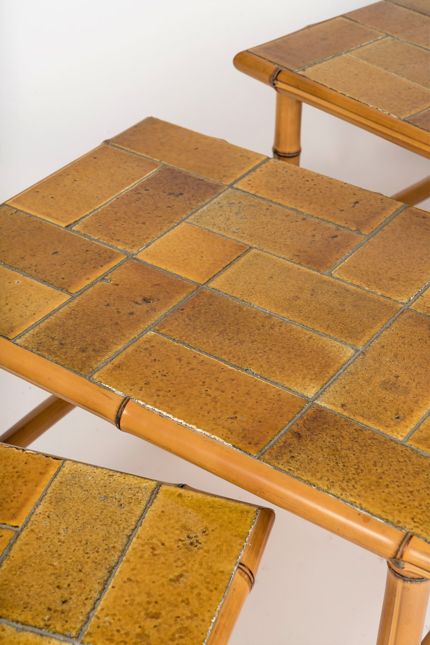 Signed Bamboo Stacking Tables with Ceramic Tiled Tops by Bergon, France, 1960's