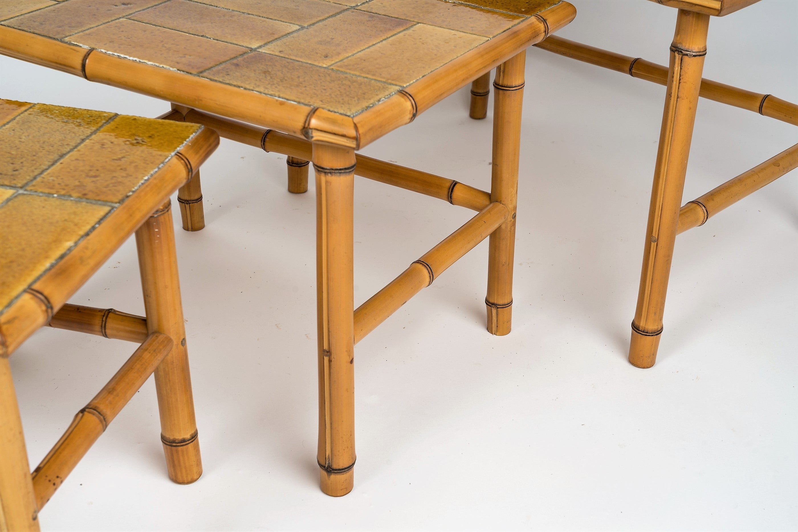 Signed Bamboo Stacking Tables with Ceramic Tiled Tops by Bergon, France, 1960's