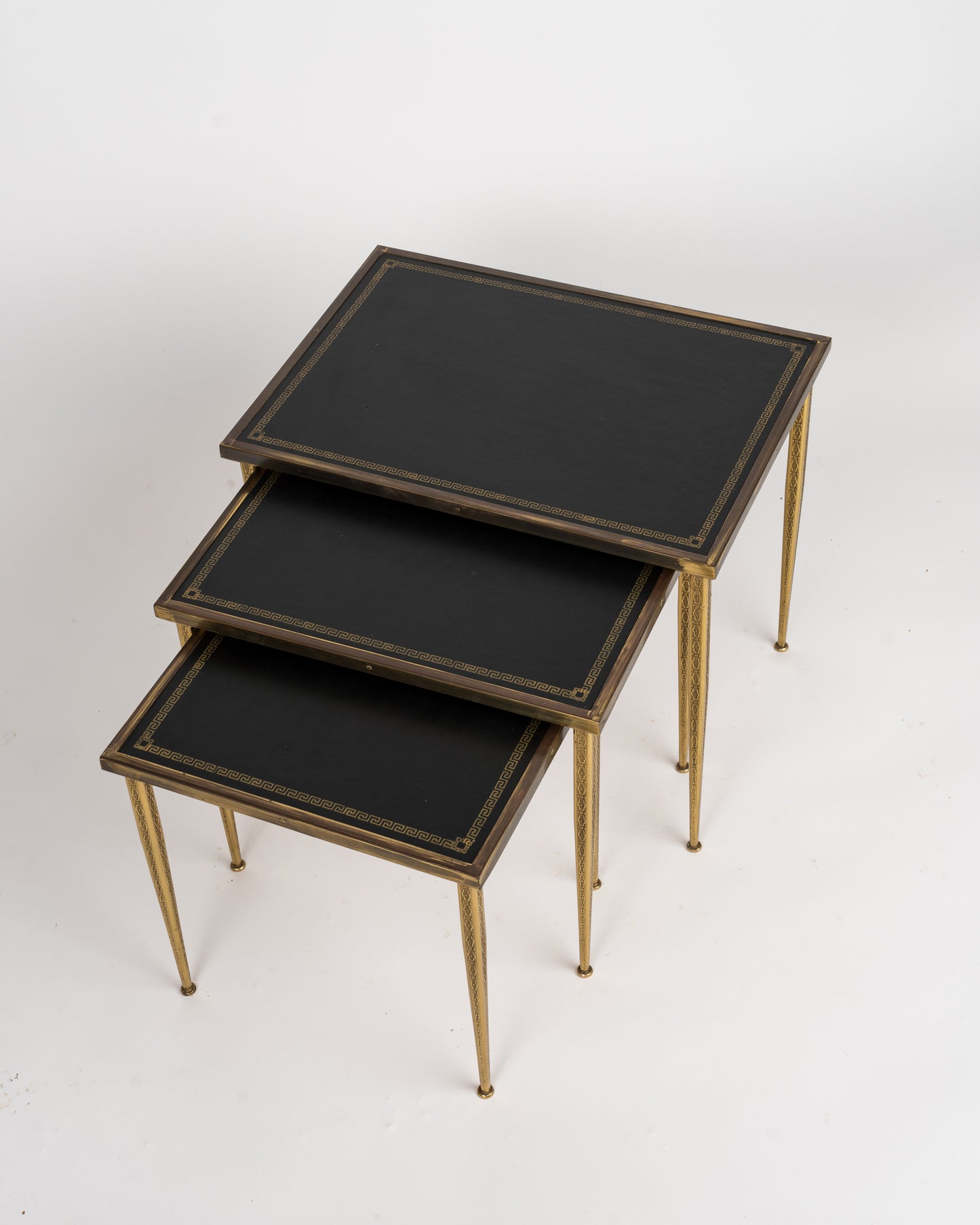 Three Neoclassical Brass & Black Leather Nesting Tables, Belgium, 1960's