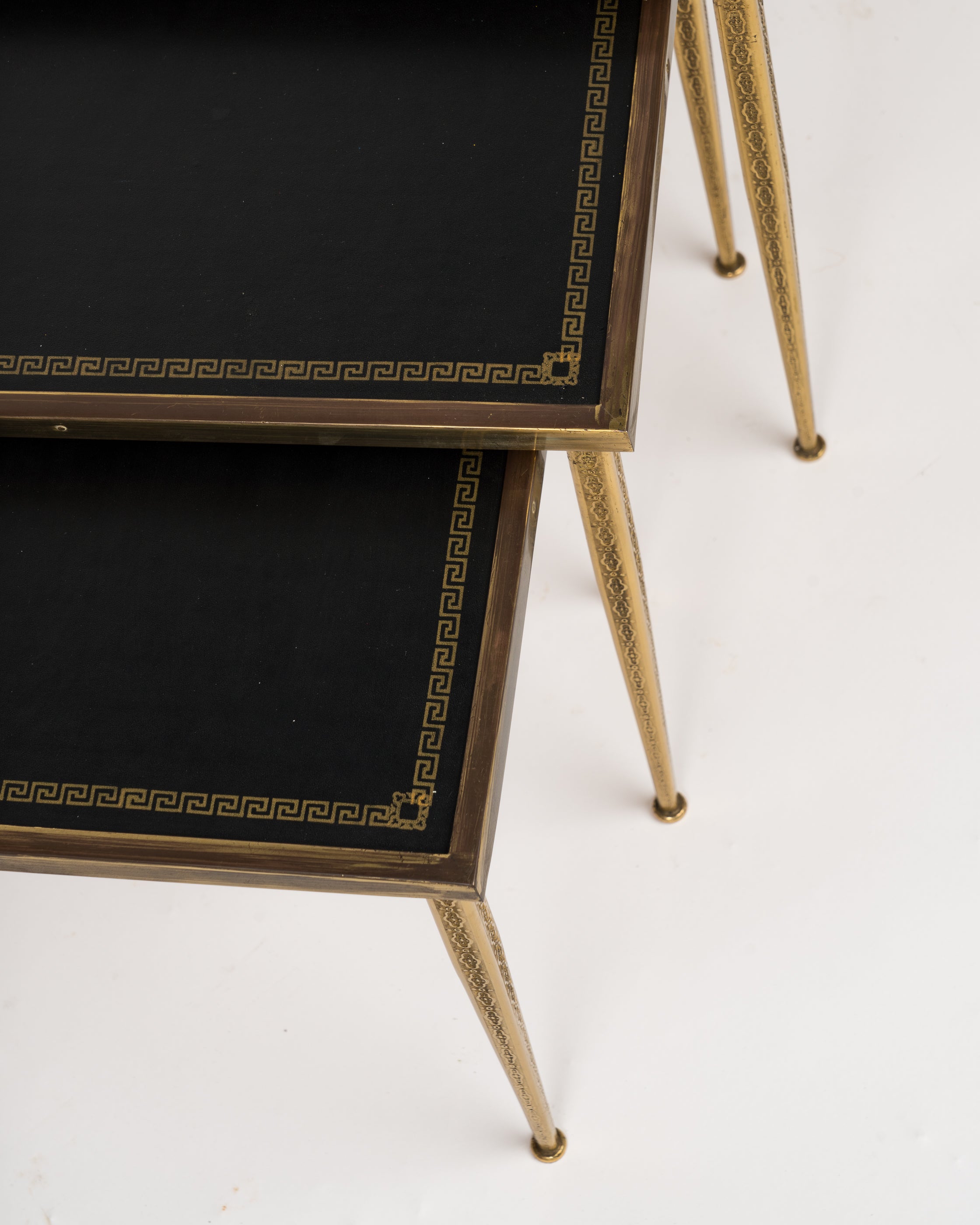 Three Neoclassical Brass & Black Leather Nesting Tables, Belgium, 1960's