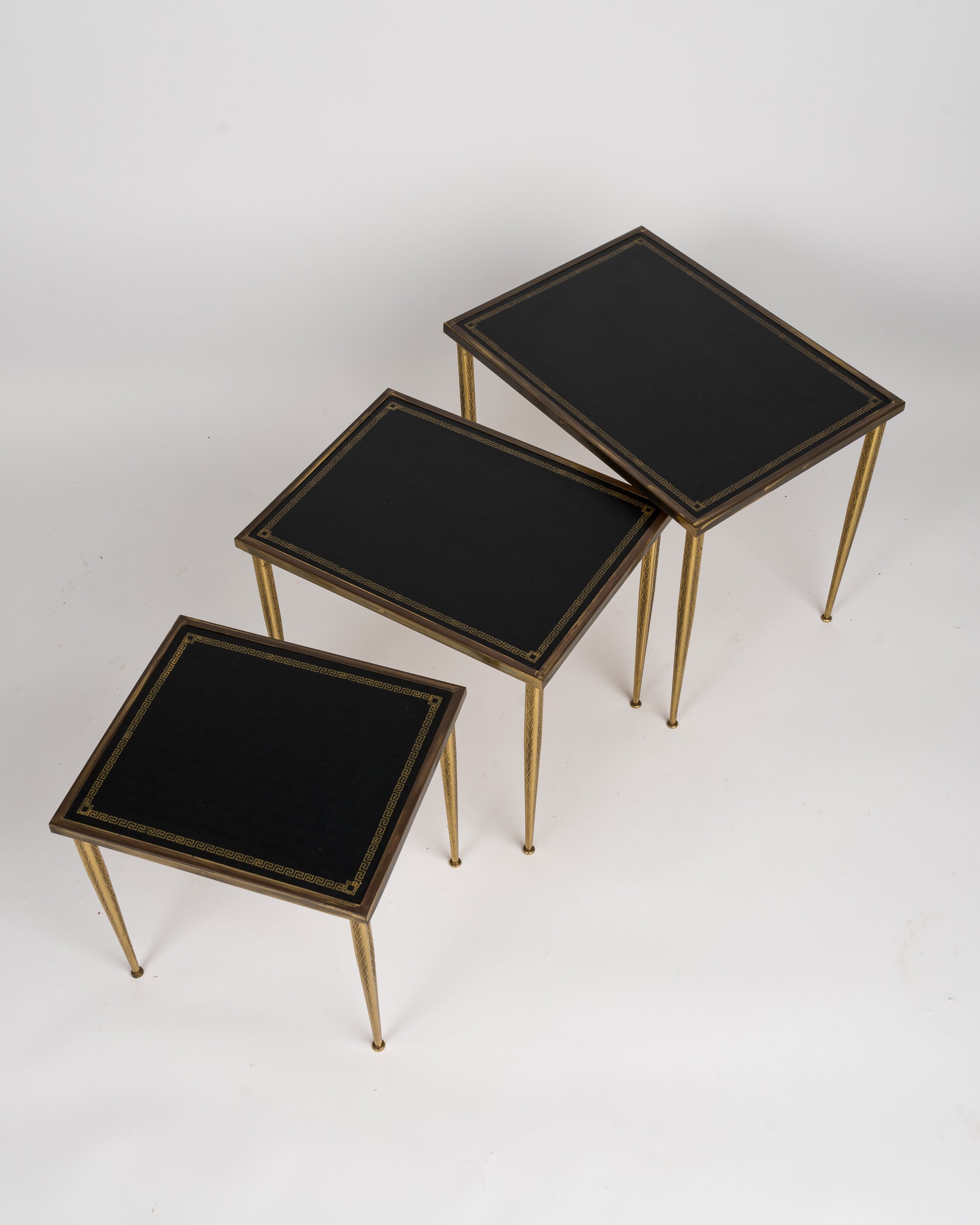 Three Neoclassical Brass & Black Leather Nesting Tables, Belgium, 1960's