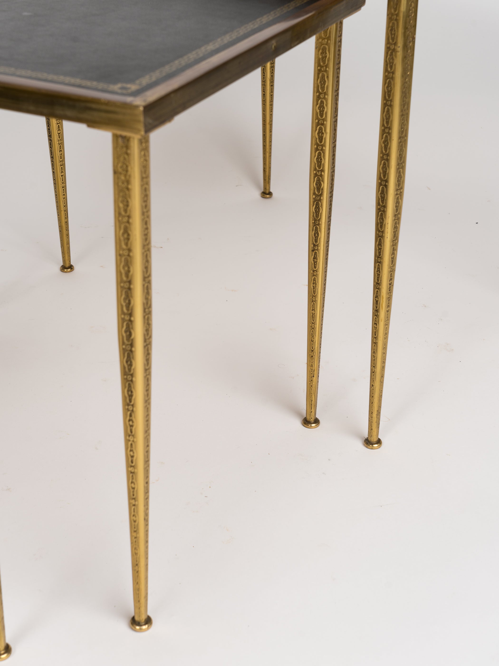 Three Neoclassical Brass & Black Leather Nesting Tables, Belgium, 1960's