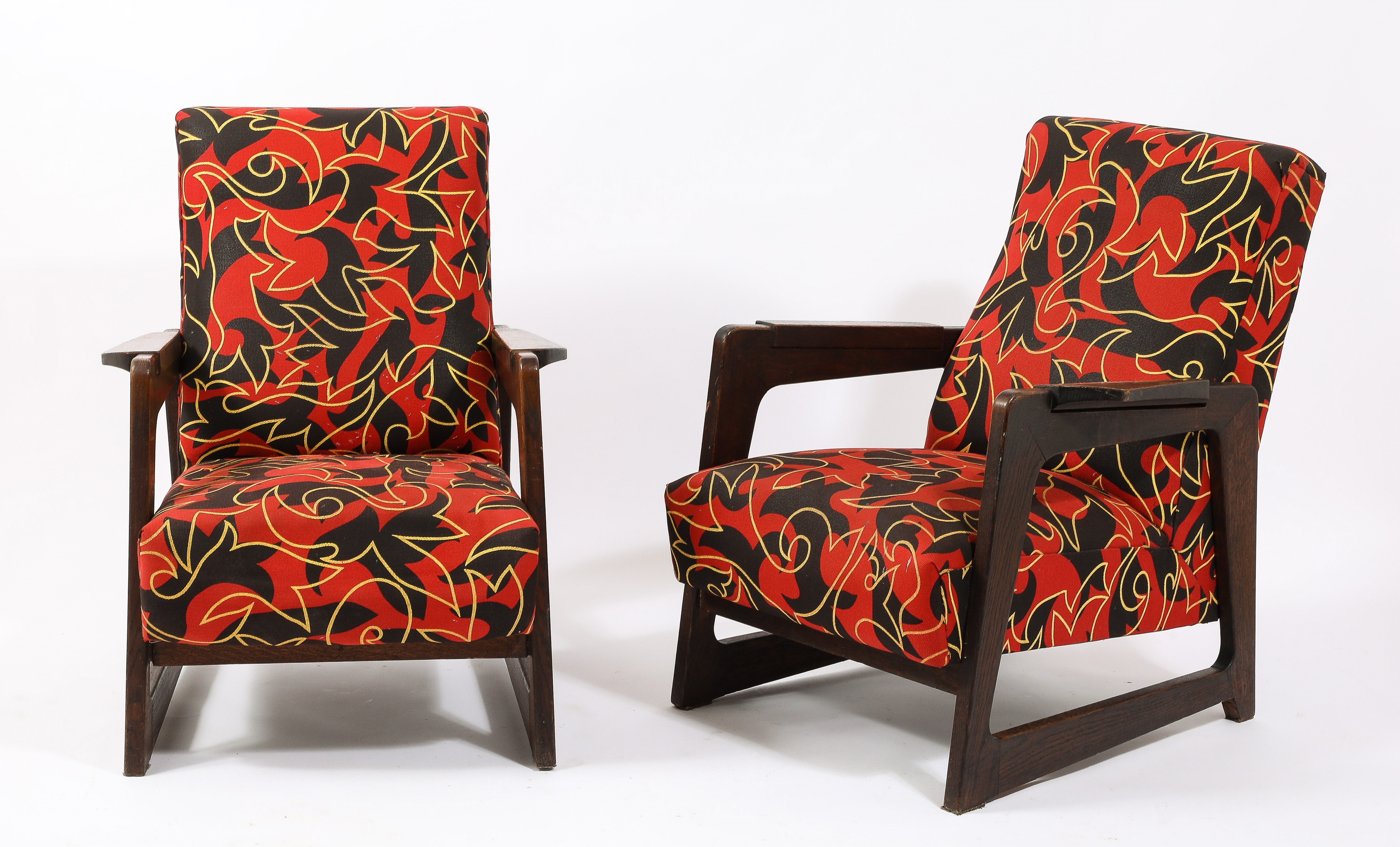 Pair of Upholstered Darkened Oak René Gabriel Style Armchairs - France 1950's