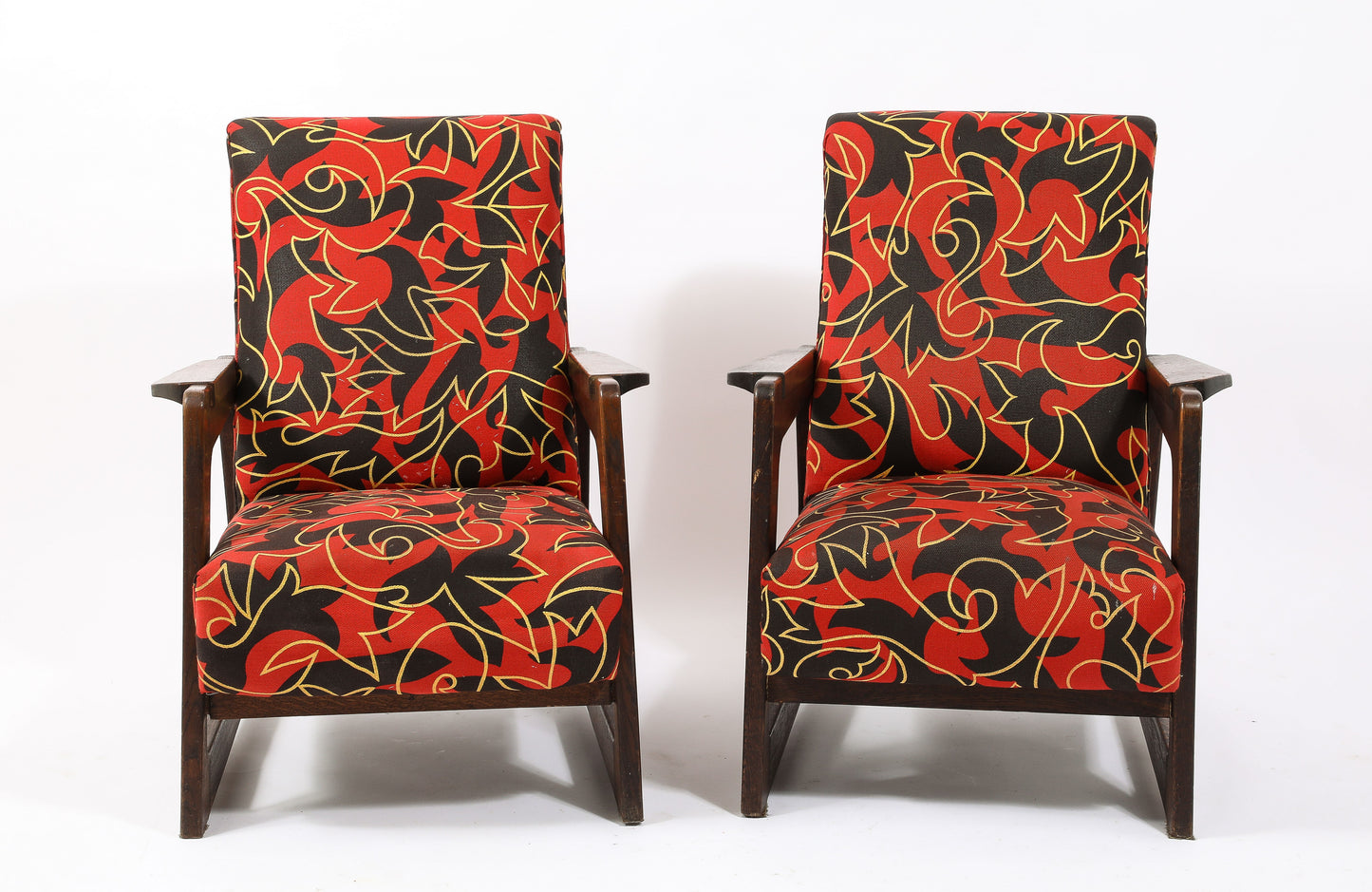 Pair of Upholstered Darkened Oak René Gabriel Style Armchairs - France 1950's