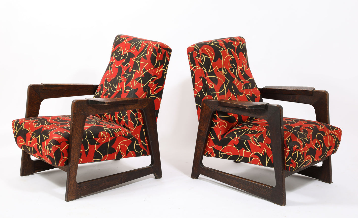 Pair of Upholstered Darkened Oak René Gabriel Style Armchairs - France 1950's