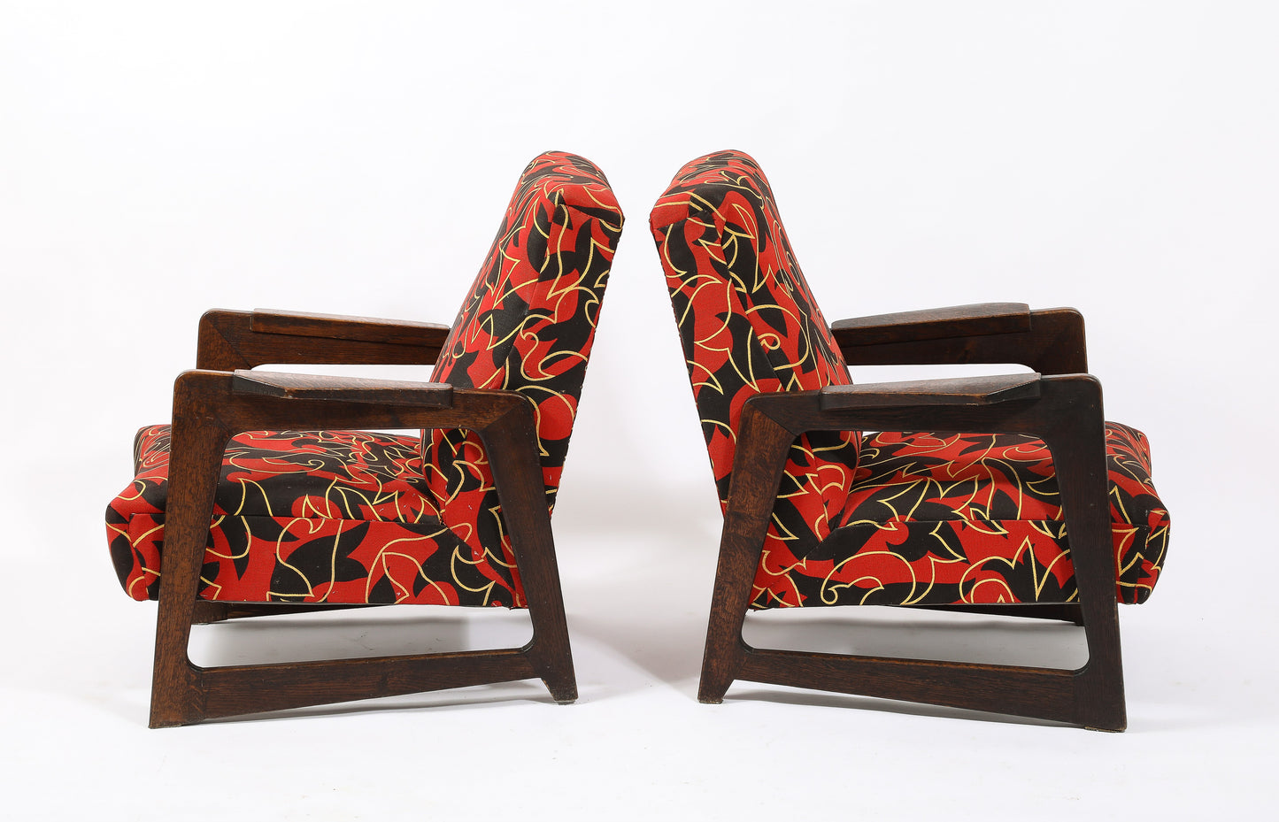 Pair of Upholstered Darkened Oak René Gabriel Style Armchairs - France 1950's