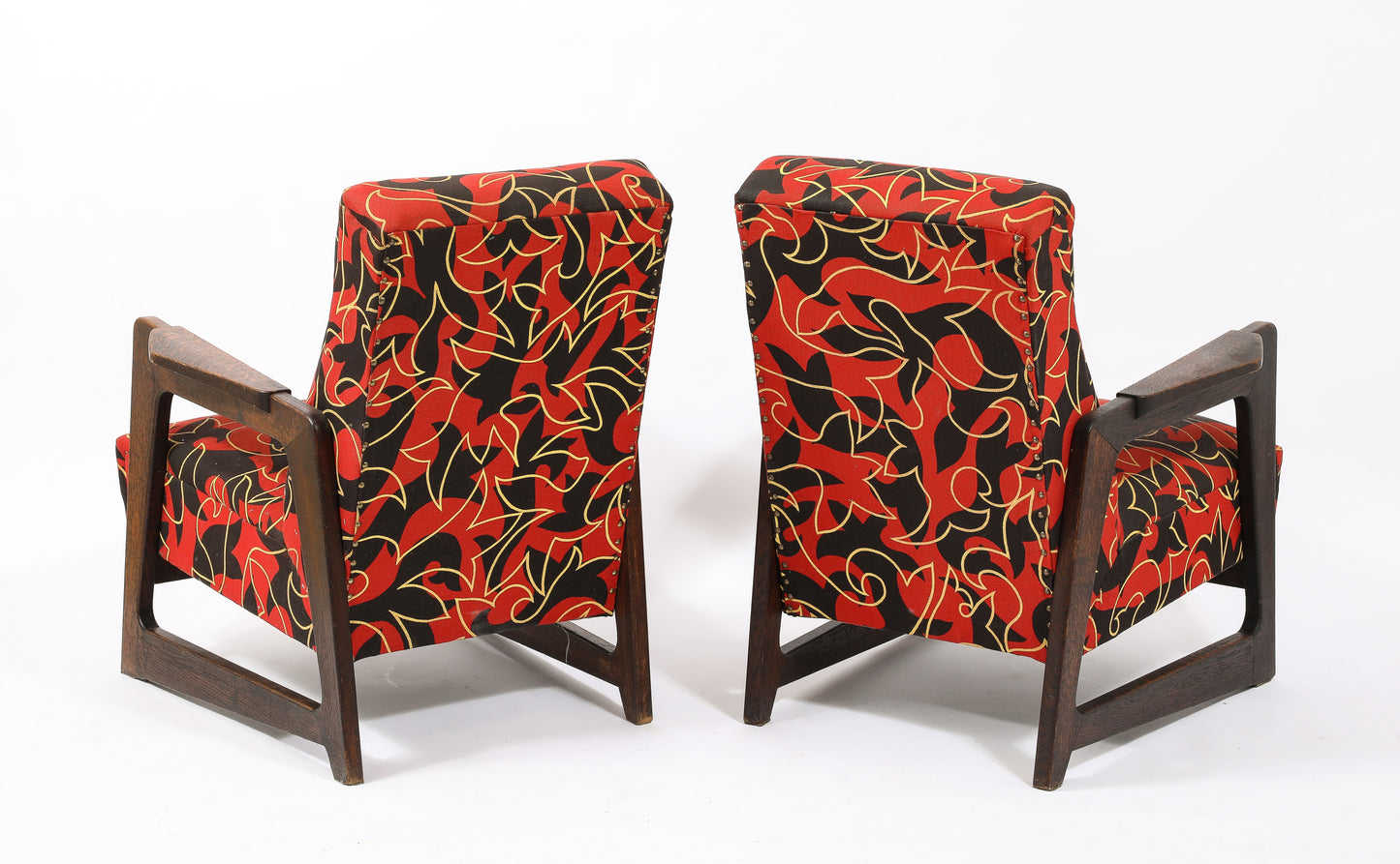 Pair of Upholstered Darkened Oak René Gabriel Style Armchairs - France 1950's