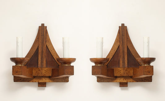 Double Arms All Oak Modernist Sconces - France 1940's