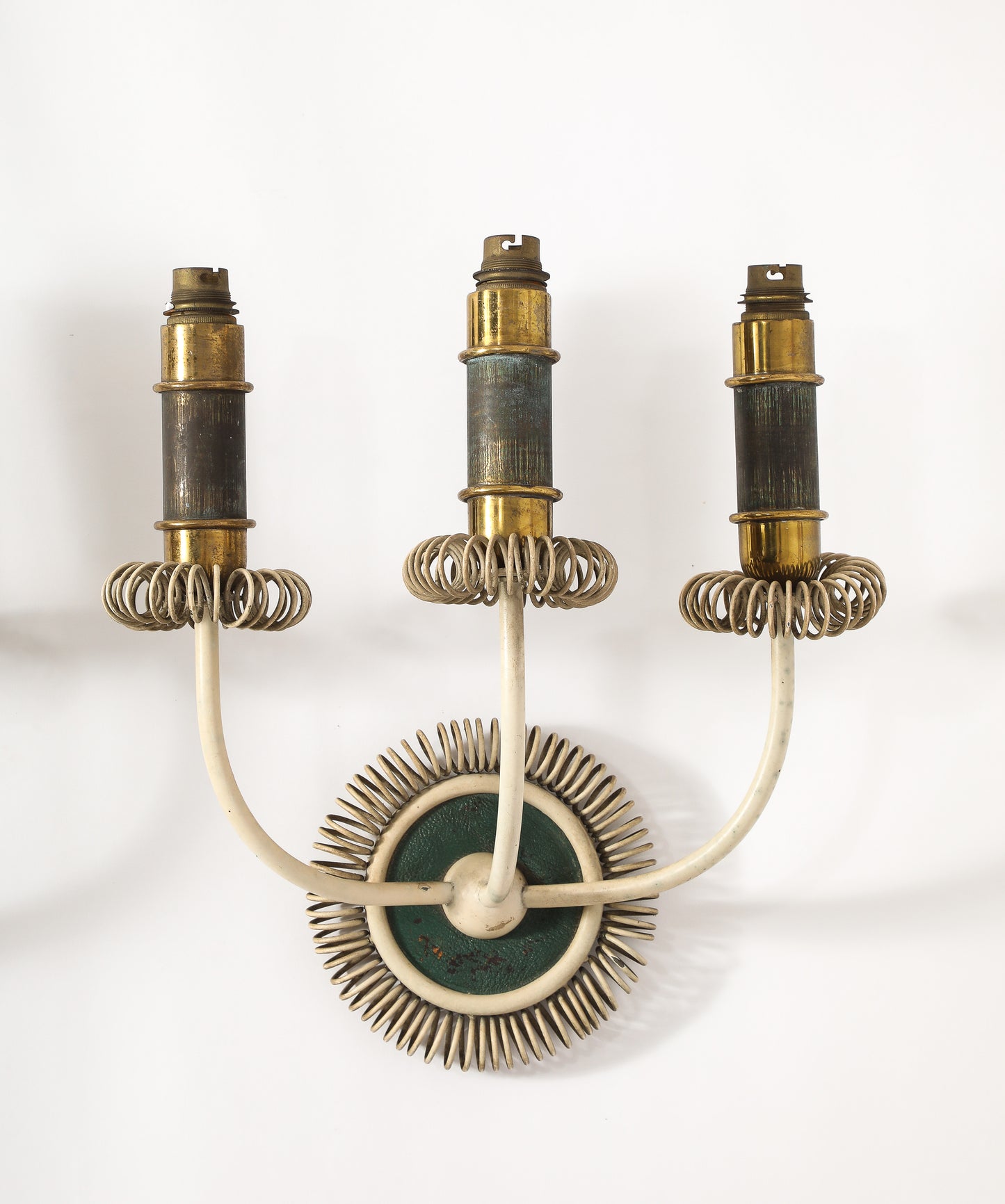 Two Sconces in Cream Lacquered Steel, Patinated Brass & Leather - France 1940