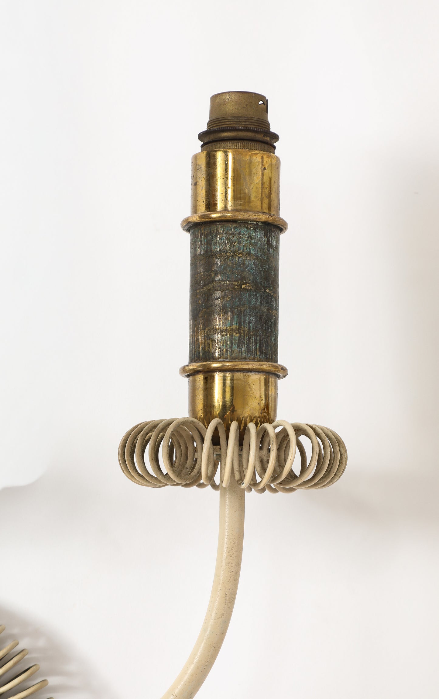 Two Sconces in Cream Lacquered Steel, Patinated Brass & Leather - France 1940