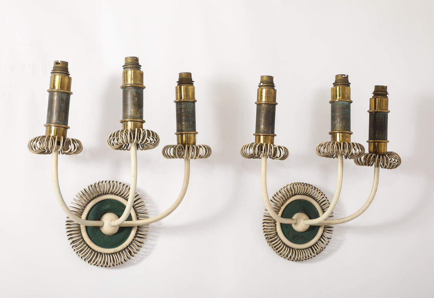 Two Sconces in Cream Lacquered Steel, Patinated Brass & Leather - France 1940