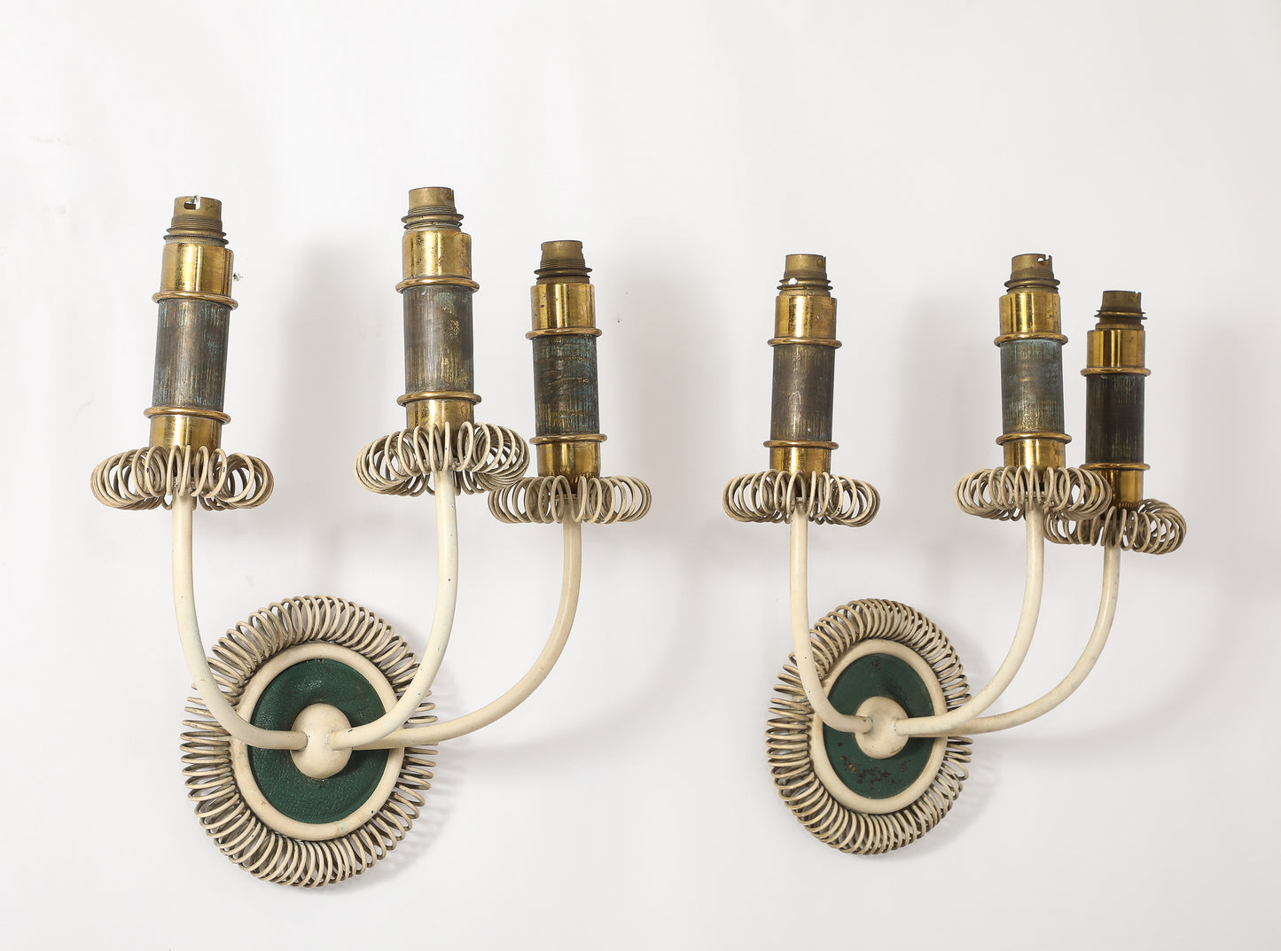 Two Sconces in Cream Lacquered Steel, Patinated Brass & Leather - France 1940