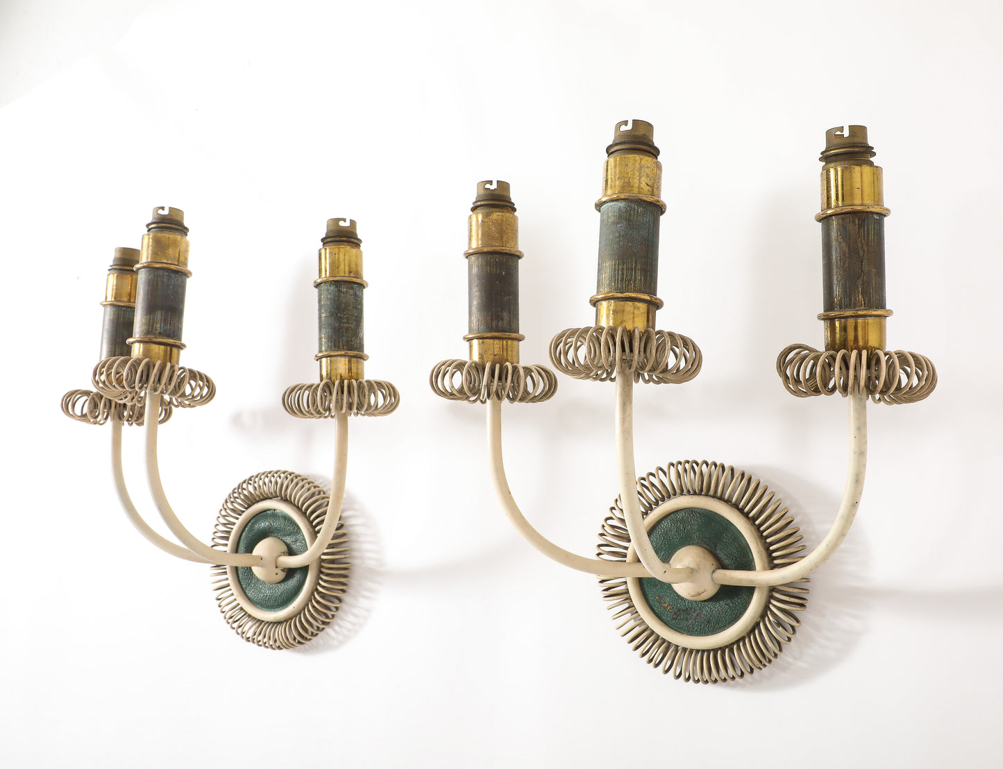 Two Sconces in Cream Lacquered Steel, Patinated Brass & Leather - France 1940