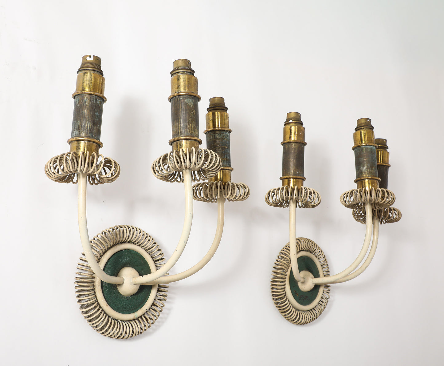 Two Sconces in Cream Lacquered Steel, Patinated Brass & Leather - France 1940