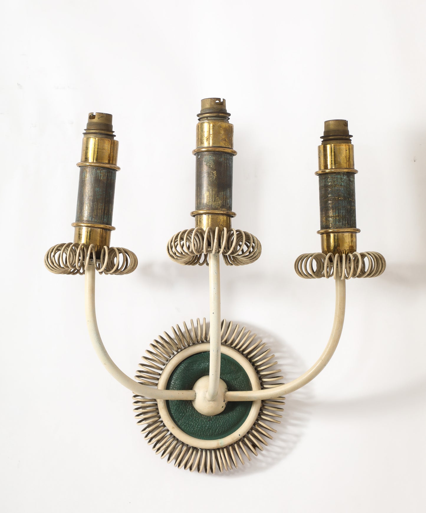 Two Sconces in Cream Lacquered Steel, Patinated Brass & Leather - France 1940
