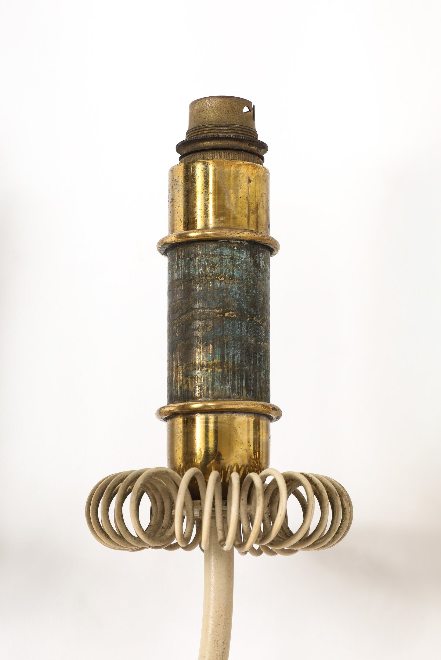 Two Sconces in Cream Lacquered Steel, Patinated Brass & Leather - France 1940