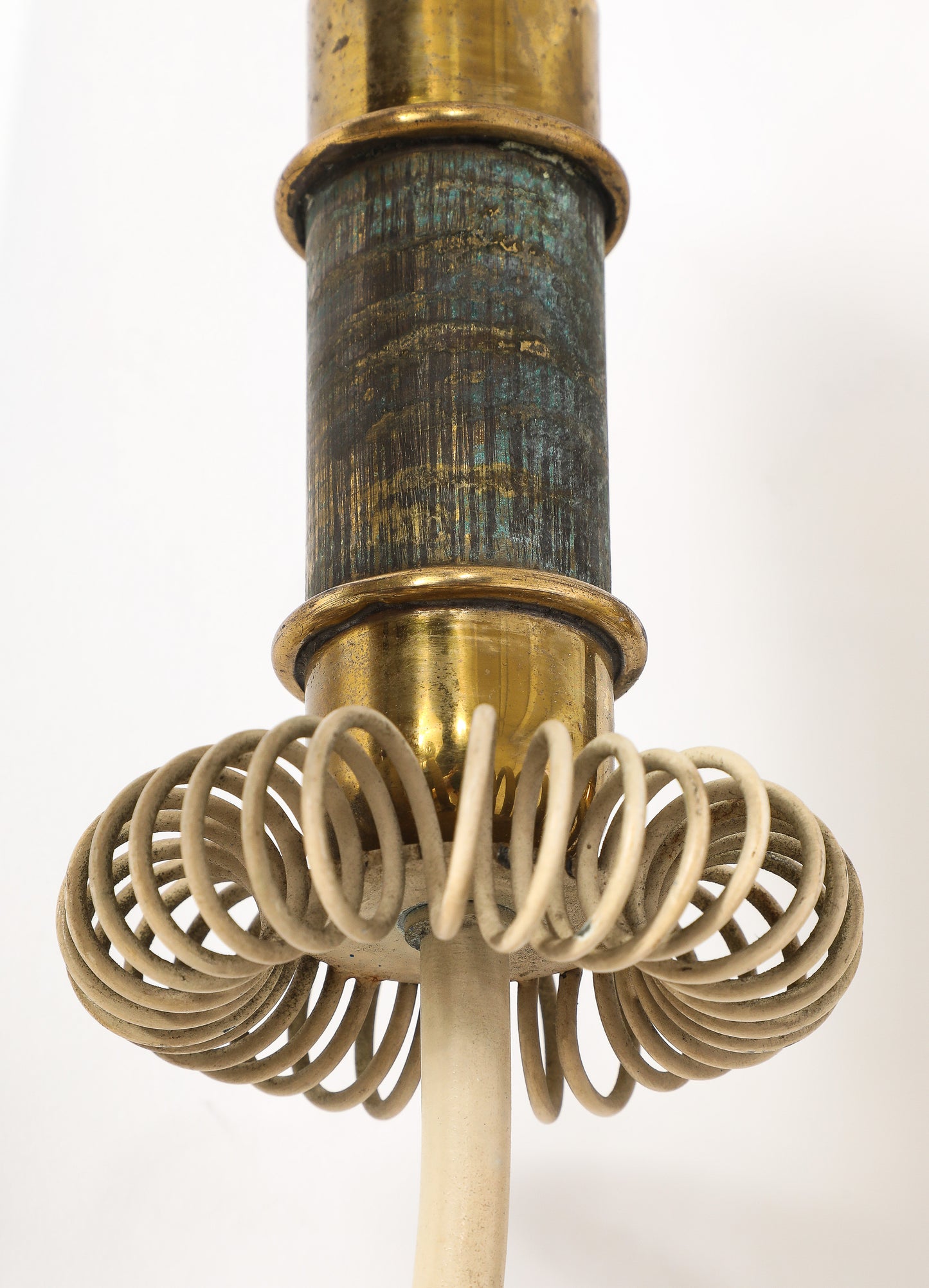 Two Sconces in Cream Lacquered Steel, Patinated Brass & Leather - France 1940