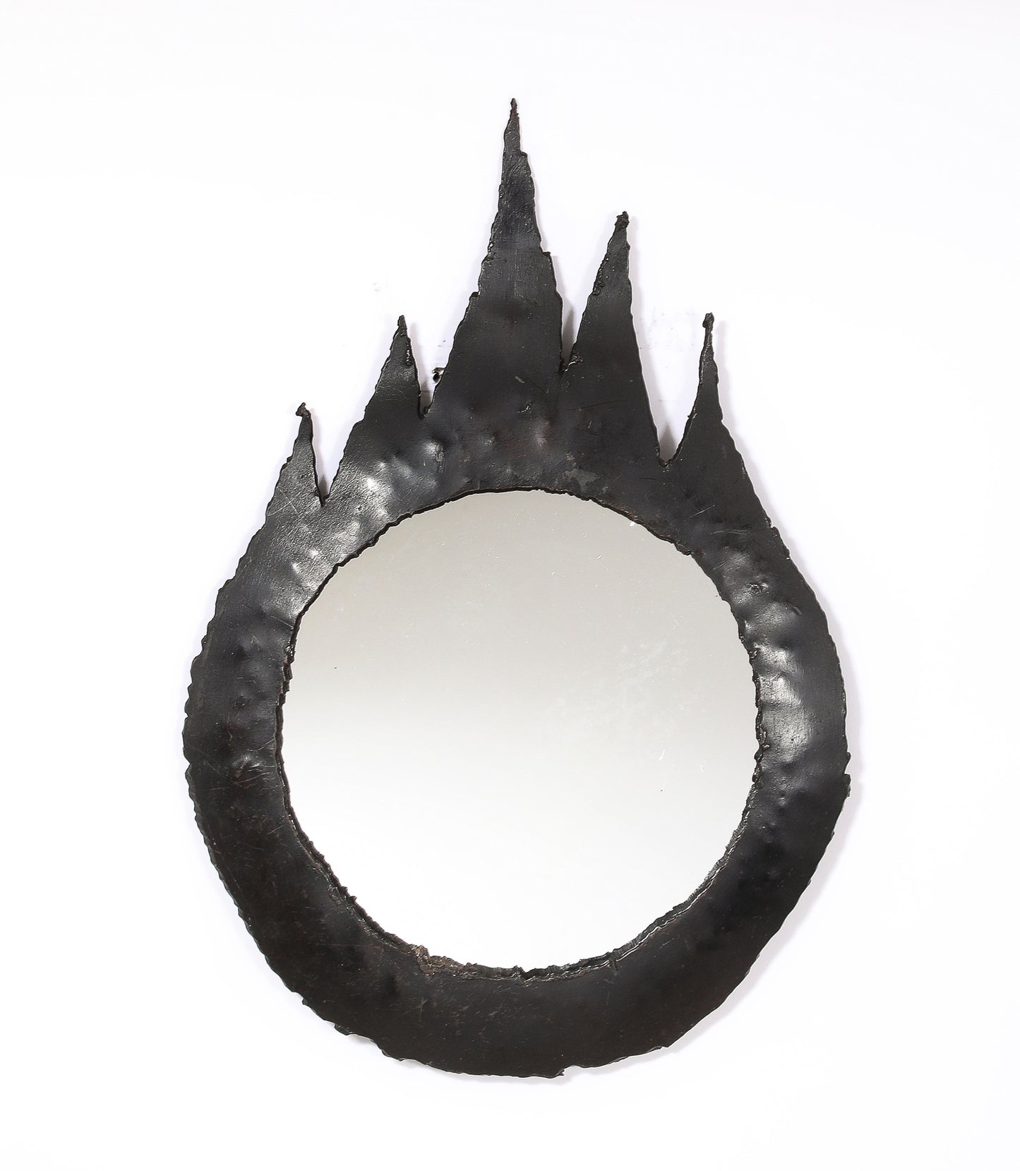 Petite Patinated Cut Steel "Goutte de Feu" Brutalist Mirror - France 1970's