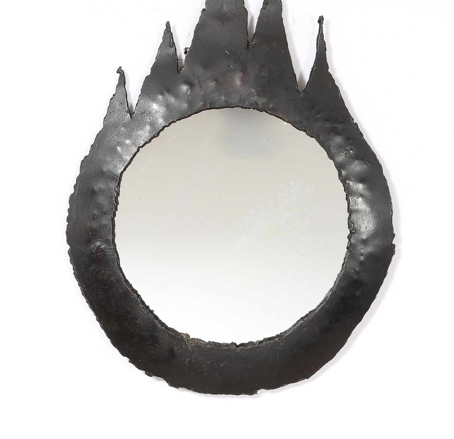 Petite Patinated Cut Steel "Goutte de Feu" Brutalist Mirror - France 1970's