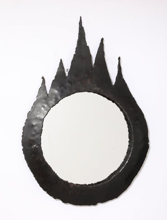 Petite Patinated Cut Steel "Goutte de Feu" Brutalist Mirror - France 1970's