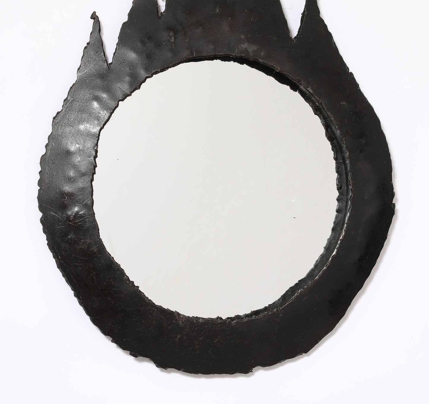 Petite Patinated Cut Steel "Goutte de Feu" Brutalist Mirror - France 1970's