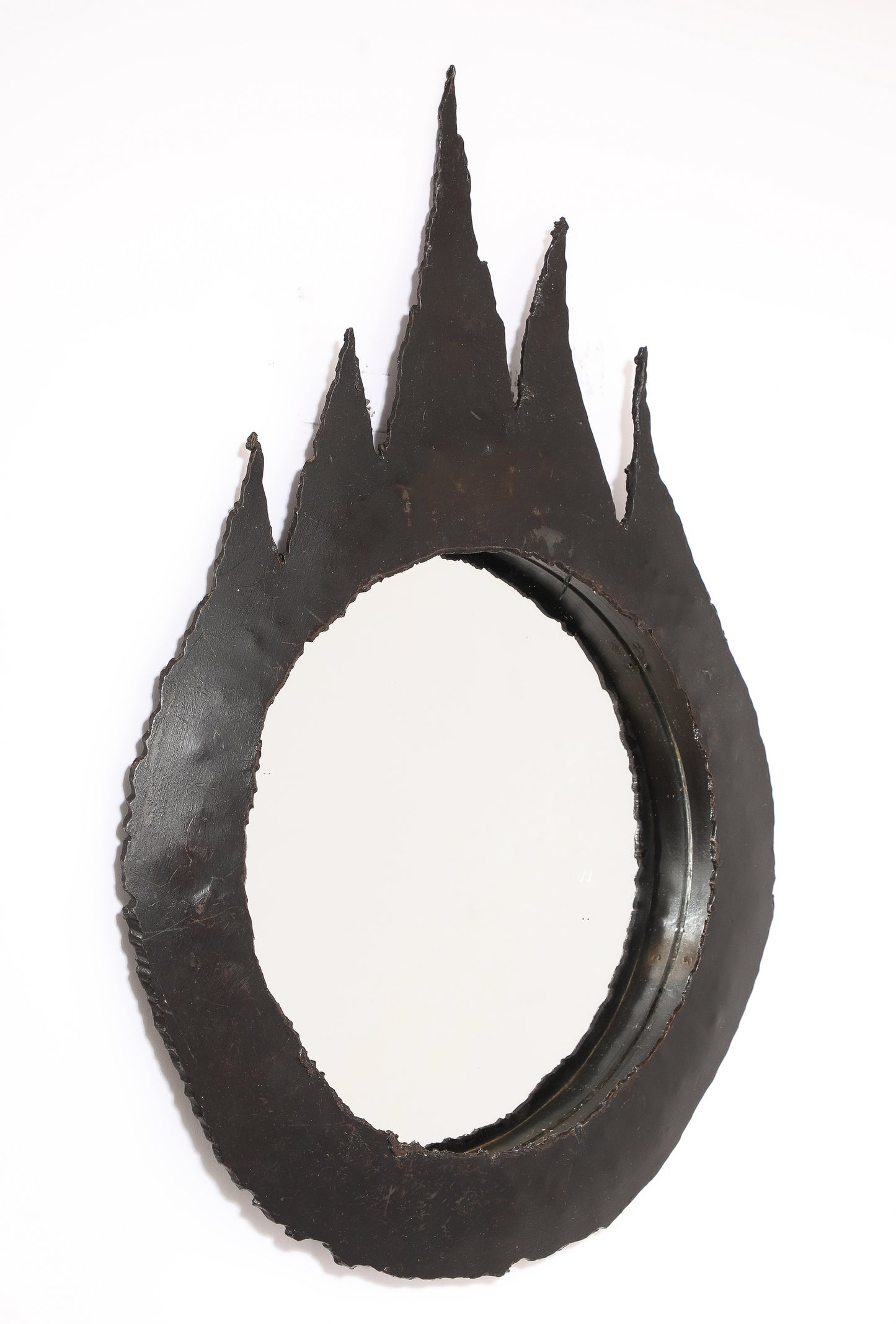 Petite Patinated Cut Steel "Goutte de Feu" Brutalist Mirror - France 1970's