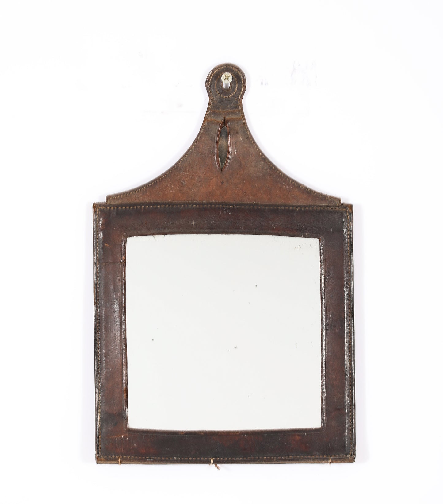 Petite Dark Brown "Sellier" Leather Rustic Wall Mirror - France 1970's